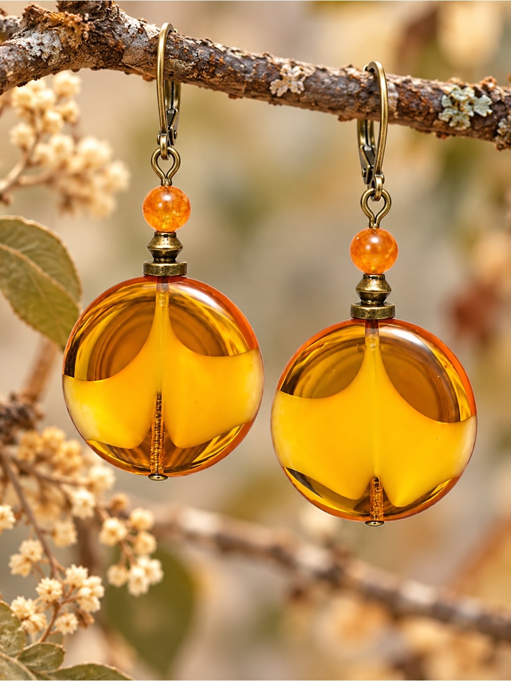 Handmade Czech Glass Amber Swirl Statement Earrings